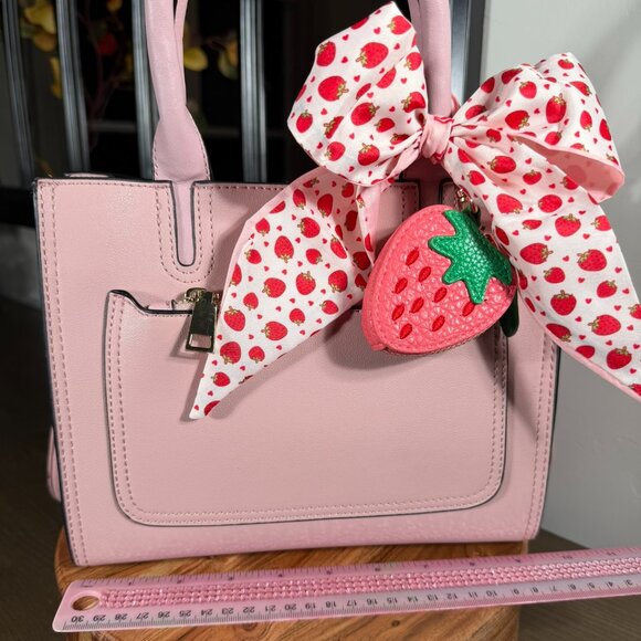 Pink Faux Leather Top Handle Satchel with Strawberry Twilly & Coin Purse Charm - Picture 13 of 15
